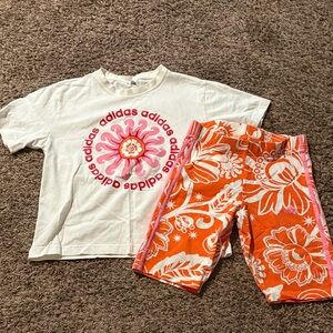 adidas White Tee with Pink Sun Logo and Orange Floral Bike Shorts